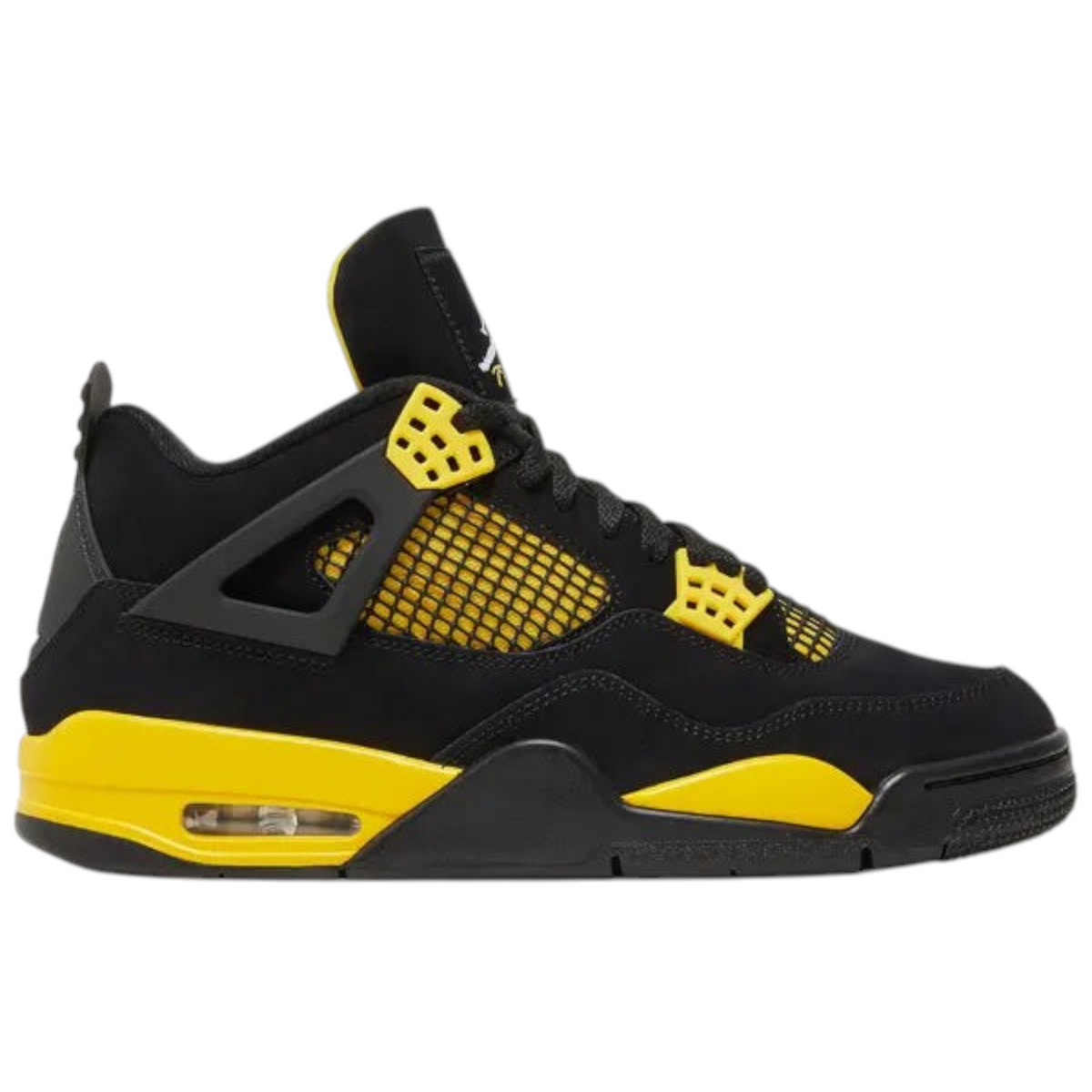 FLEX SHOP Air Jordan 4 Retro Thunder 2023 sneaker in black nubuck with yellow accents and visible Air-sole unit
