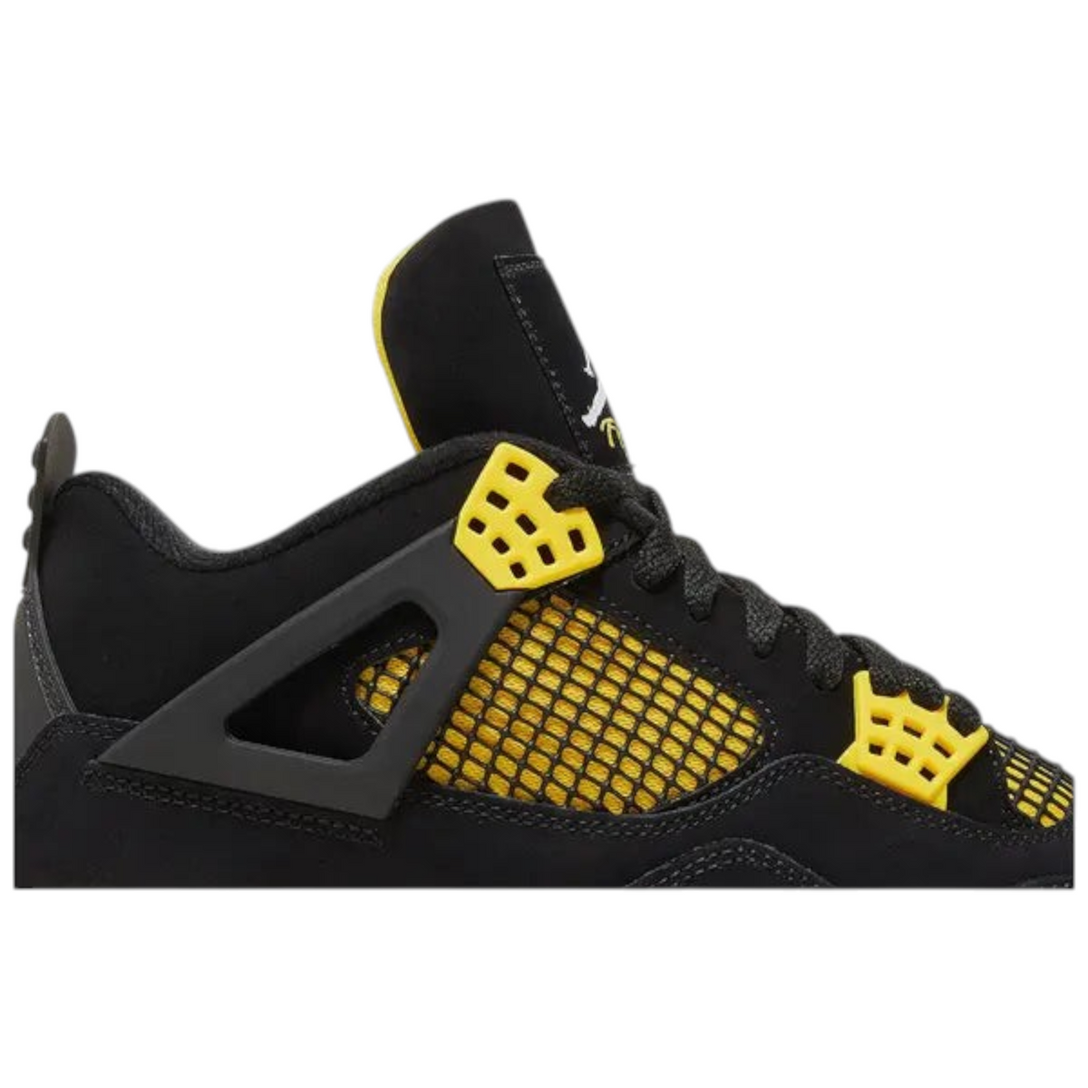 FLEX SHOP Air Jordan 4 Retro Thunder 2023 sneaker in black nubuck with yellow eyelets and quarter panel netting