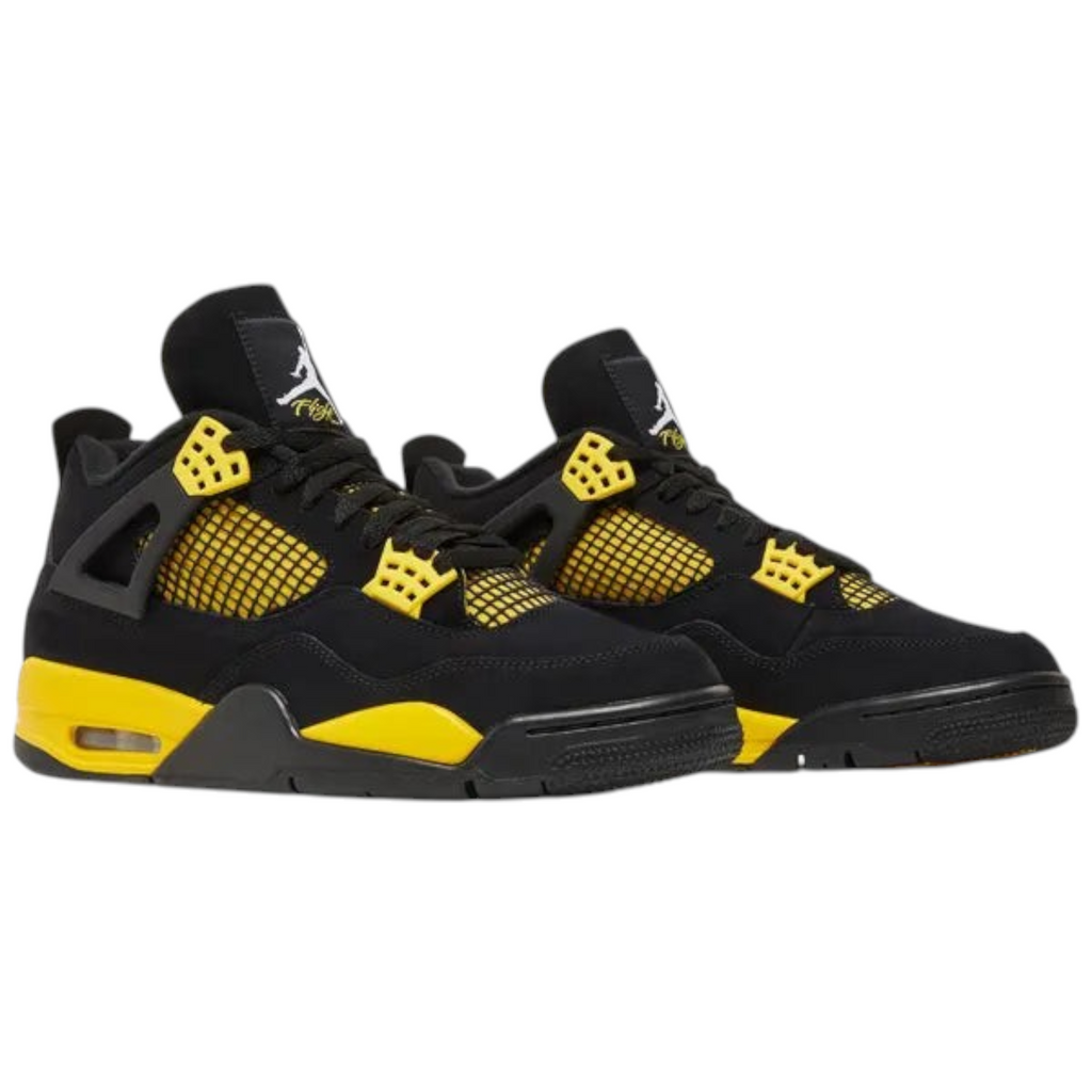FLEX SHOP Air Jordan 4 Retro Thunder sneakers in black nubuck with vibrant yellow accents and netting details