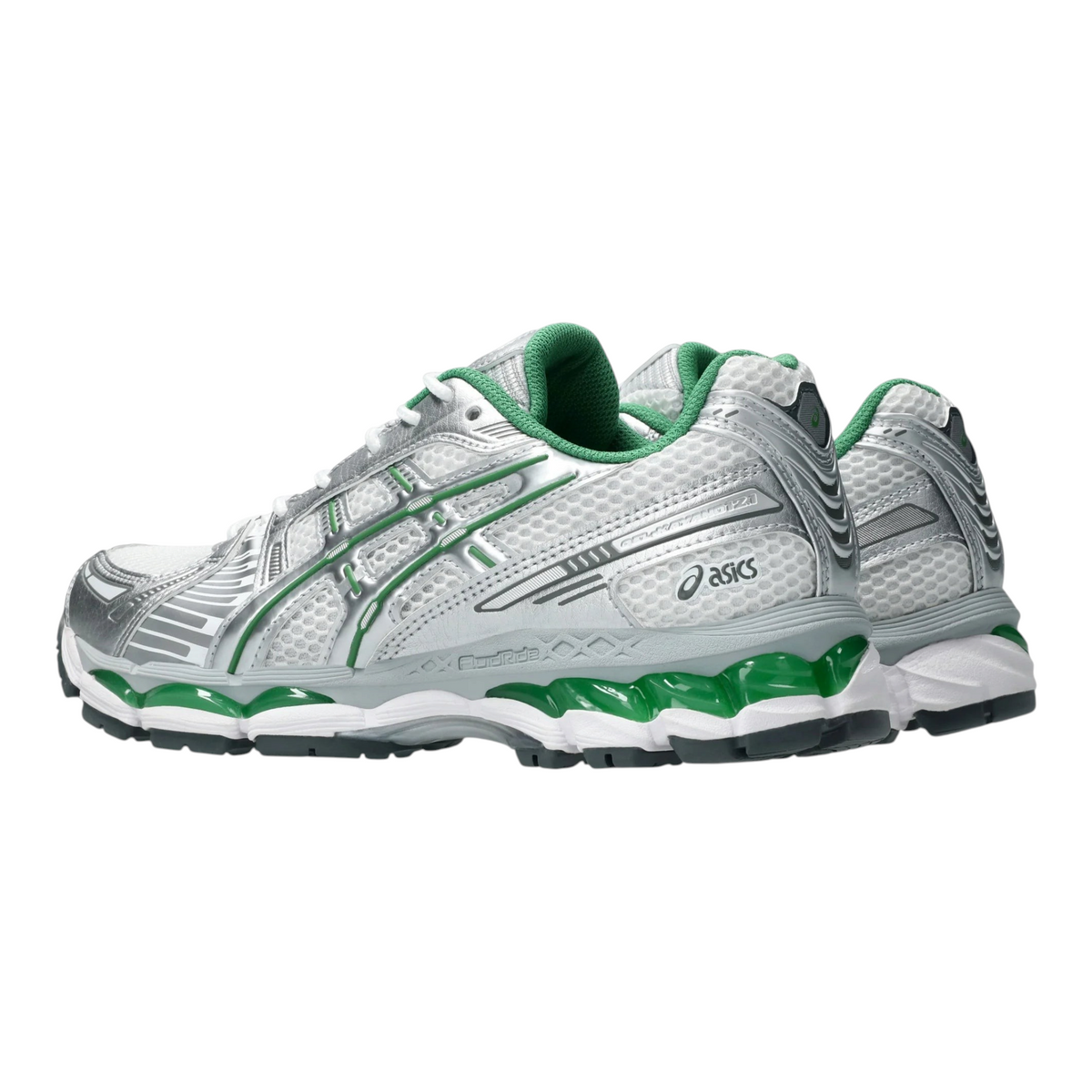FLEX SHOP ASICS GEL-KAYANO 12.1 sneaker in pure silver, green, and cream with mesh upper and metallic details.