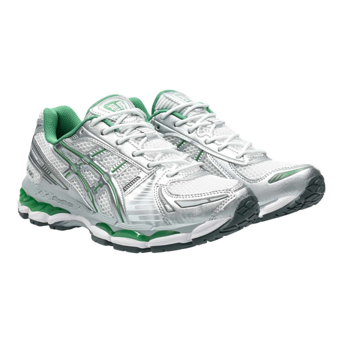 FLEX SHOP ASICS GEL-KAYANO 12.1 sneaker in pure silver, green, and cream with metallic mesh and performance cushioning.