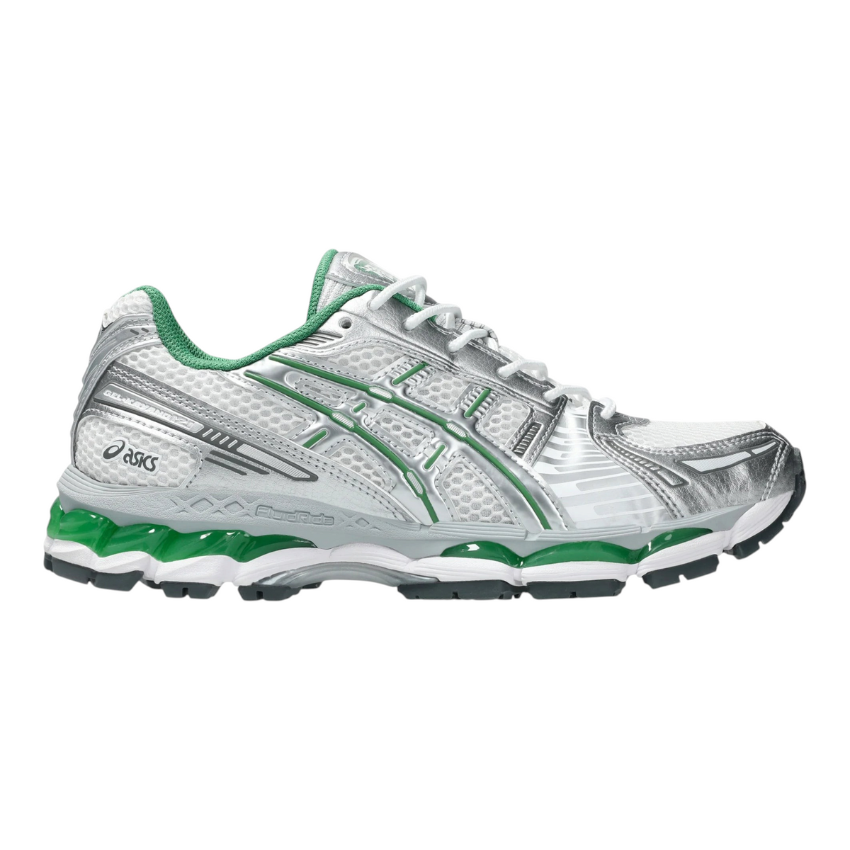 FLEX SHOP ASICS GEL-KAYANO 12.1 sneaker in pure silver, green, and cream with metallic mesh and performance cushioning.