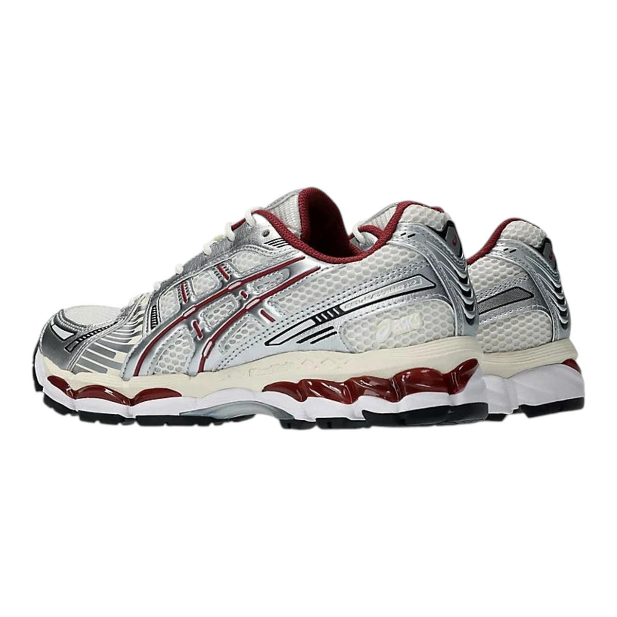 FLEX SHOP ASICS Gel-Kayano 12.1 running shoe in silver and burgundy with mesh upper and GEL cushioning technology