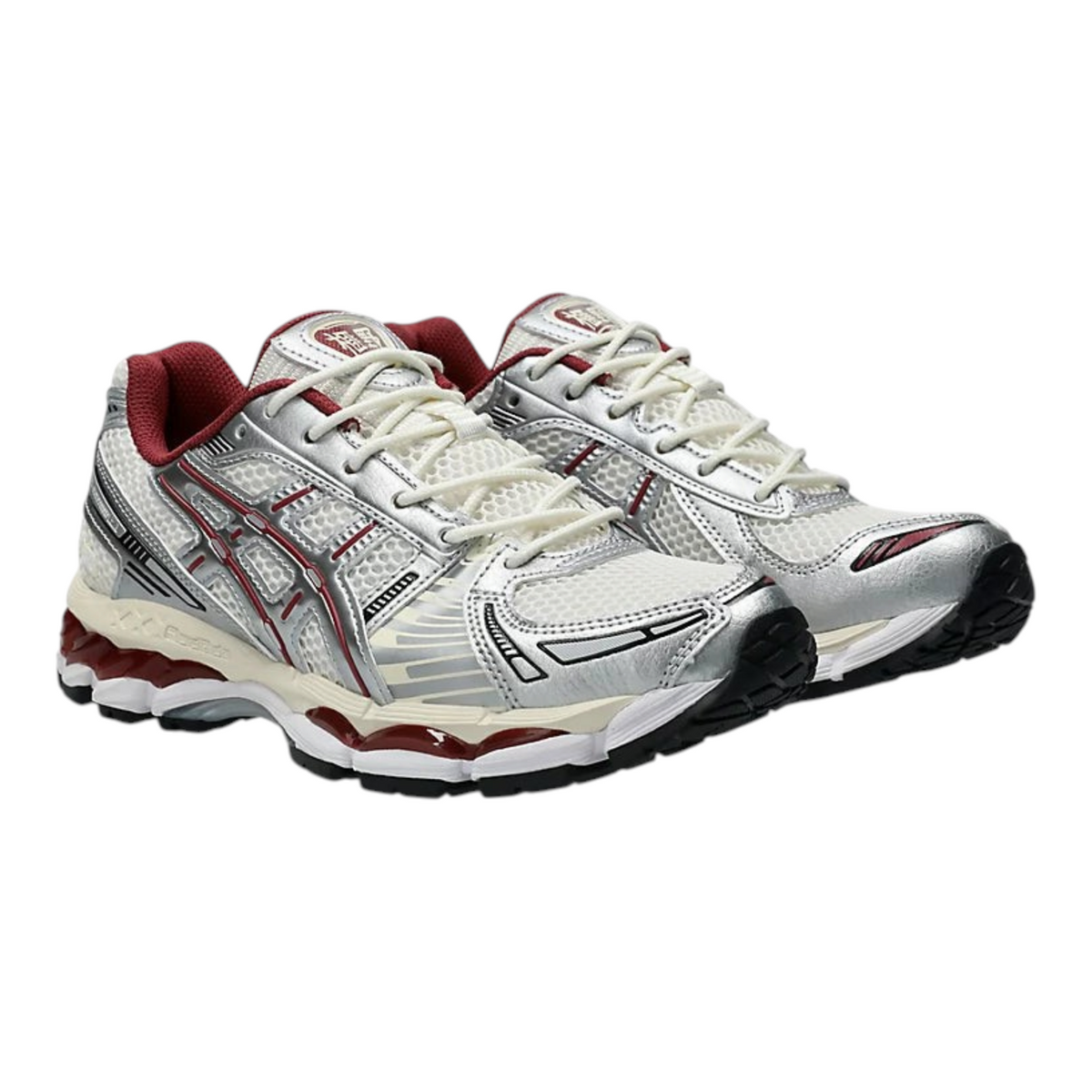 FLEX SHOP ASICS Gel-Kayano 12.1 running shoes in silver and burgundy with mesh upper and GEL cushioning technology.