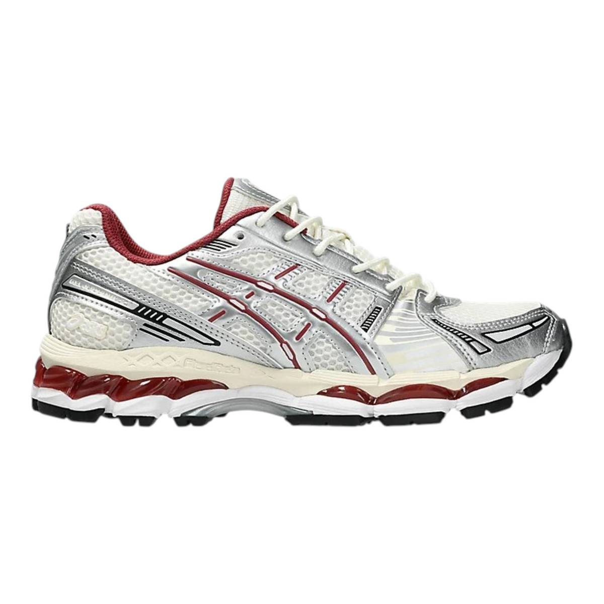 FLEX SHOP ASICS Gel-Kayano 12.1 running shoe in silver and burgundy with mesh upper and GEL cushioning technology.