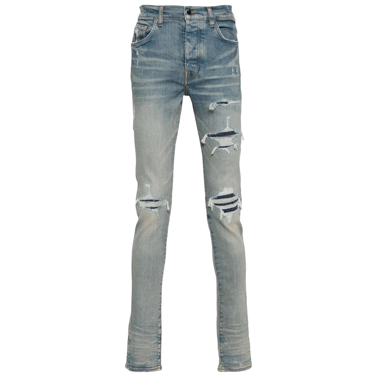 FLEX SHOP Amiri clay indigo distressed jeans with whiskering, front rips, and contrast underlay detailing.