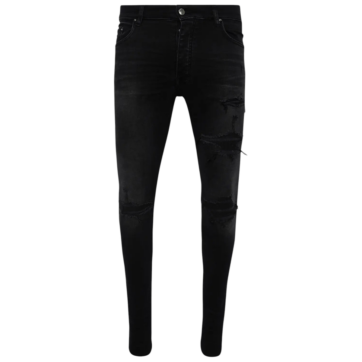 FLEX SHOP Amiri vintage black distressed denim jeans with rips and whiskering details.