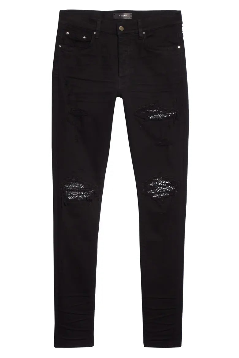 Amiri Black MX1 Bandana Ripped Patch Skinny Jeans