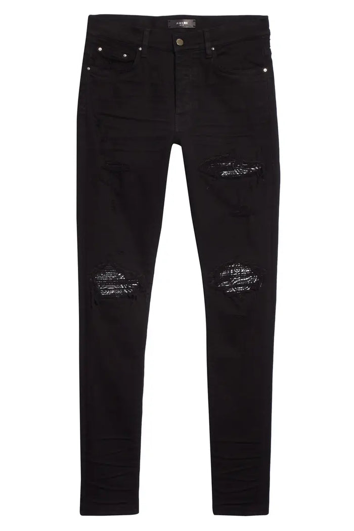 Amiri Black MX1 Bandana Ripped Patch Skinny Jeans