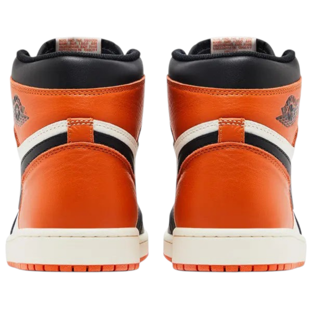 FLEX SHOP Air Jordan 1 Retro High OG Shattered Backboard sneakers in orange, black, and white leather, rear view.