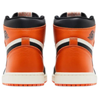 FLEX SHOP Air Jordan 1 Retro High OG Shattered Backboard sneakers in orange, black, and white leather, rear view.