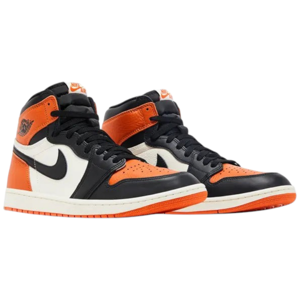FLEX SHOP Air Jordan 1 Retro High OG Shattered Backboard sneakers in orange, black, and white leather high-top design.