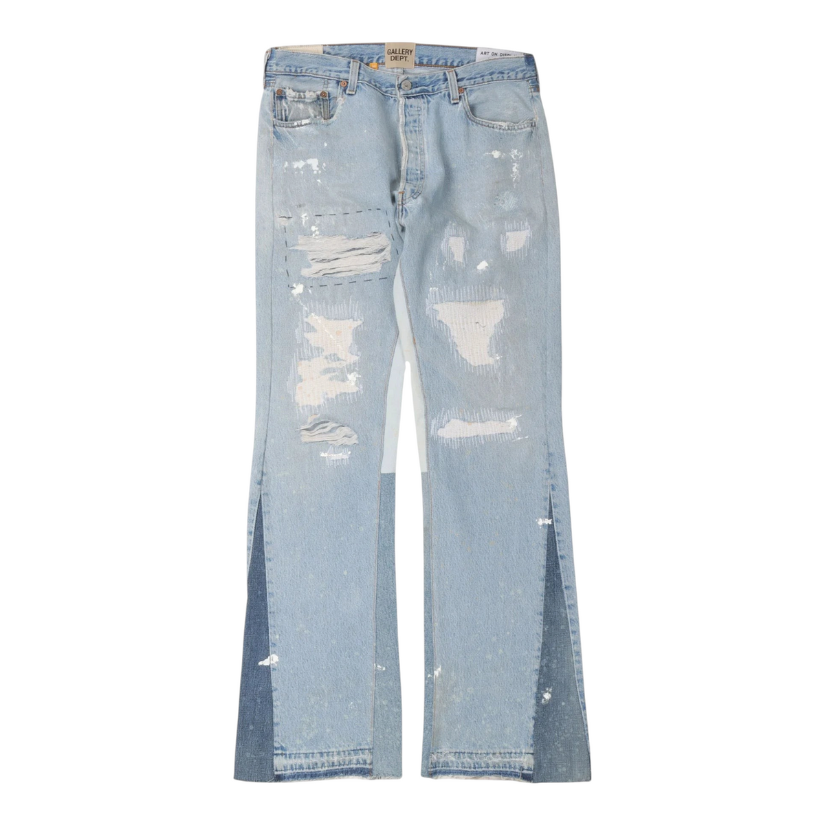 FLEX SHOP Gallery Dept. light blue distressed flare jeans with paint splatters, patchwork, and raw hem detailing.
