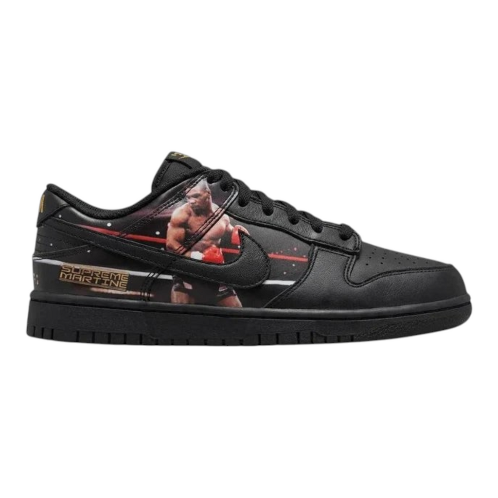 FLEX SHOP Nike Dunk Low Supreme x Martine Rose sneaker featuring a black leather design with Mike Tyson boxing graphic