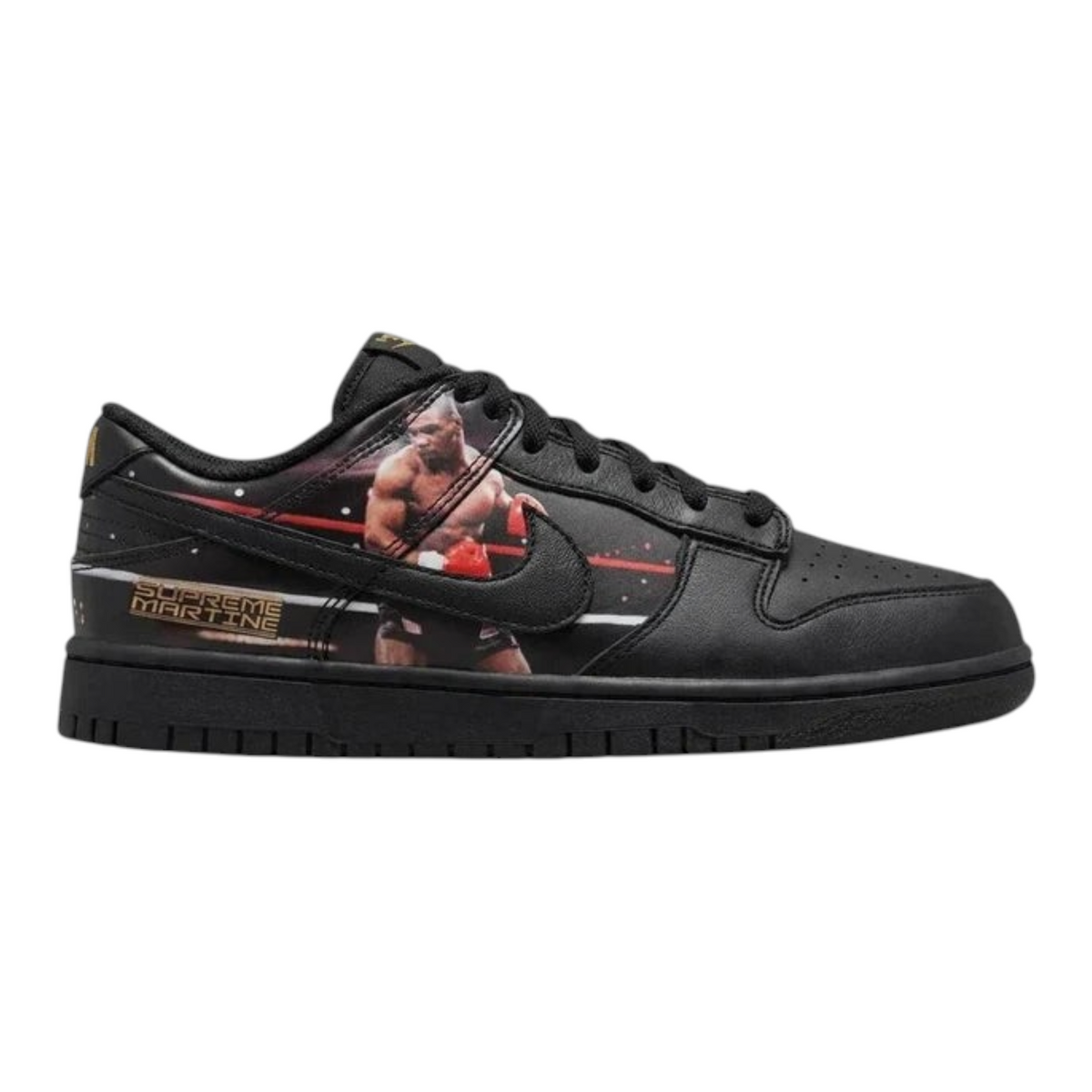 FLEX SHOP Nike Dunk Low Supreme x Martine Rose sneaker featuring a black leather design with Mike Tyson boxing graphic