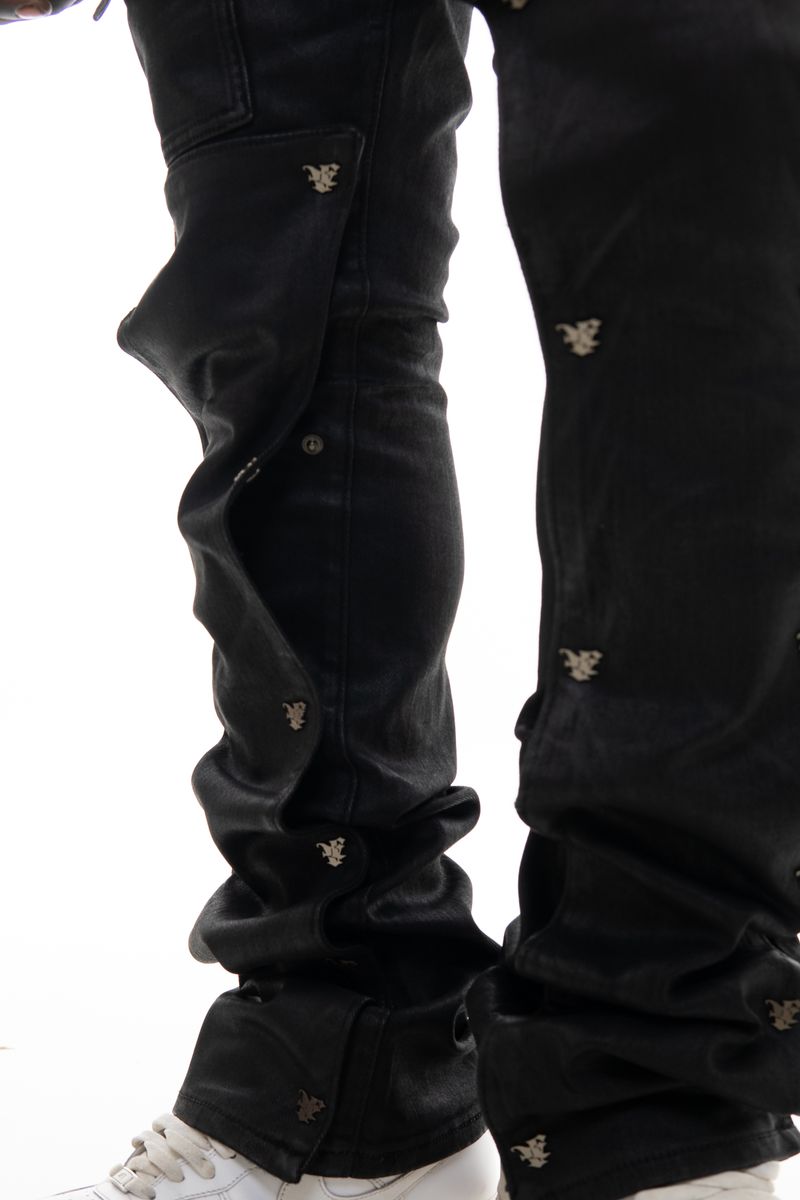 VICIOUS JEANS BLACK WAX COATED FLARE DETACHABLE BUTTONS VC681R