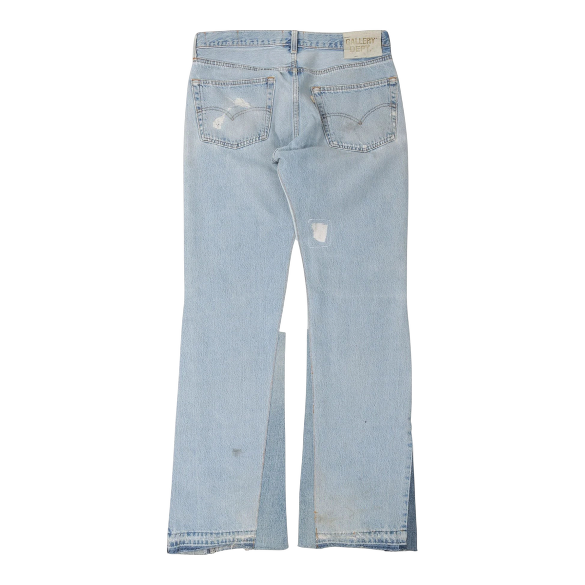FLEX SHOP Gallery Dept. light blue distressed flare jeans with vintage-inspired worn detailing and back patch label.