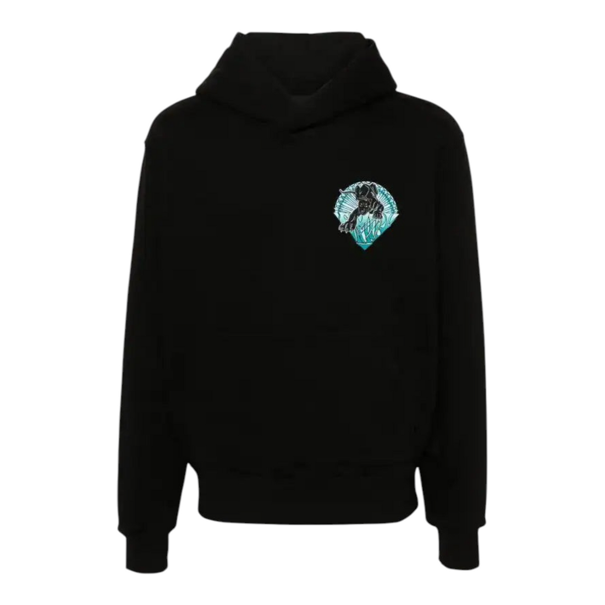 FLEX SHOP Amiri black hoodie featuring a small panther graphic inside a blue shell design on the chest.
