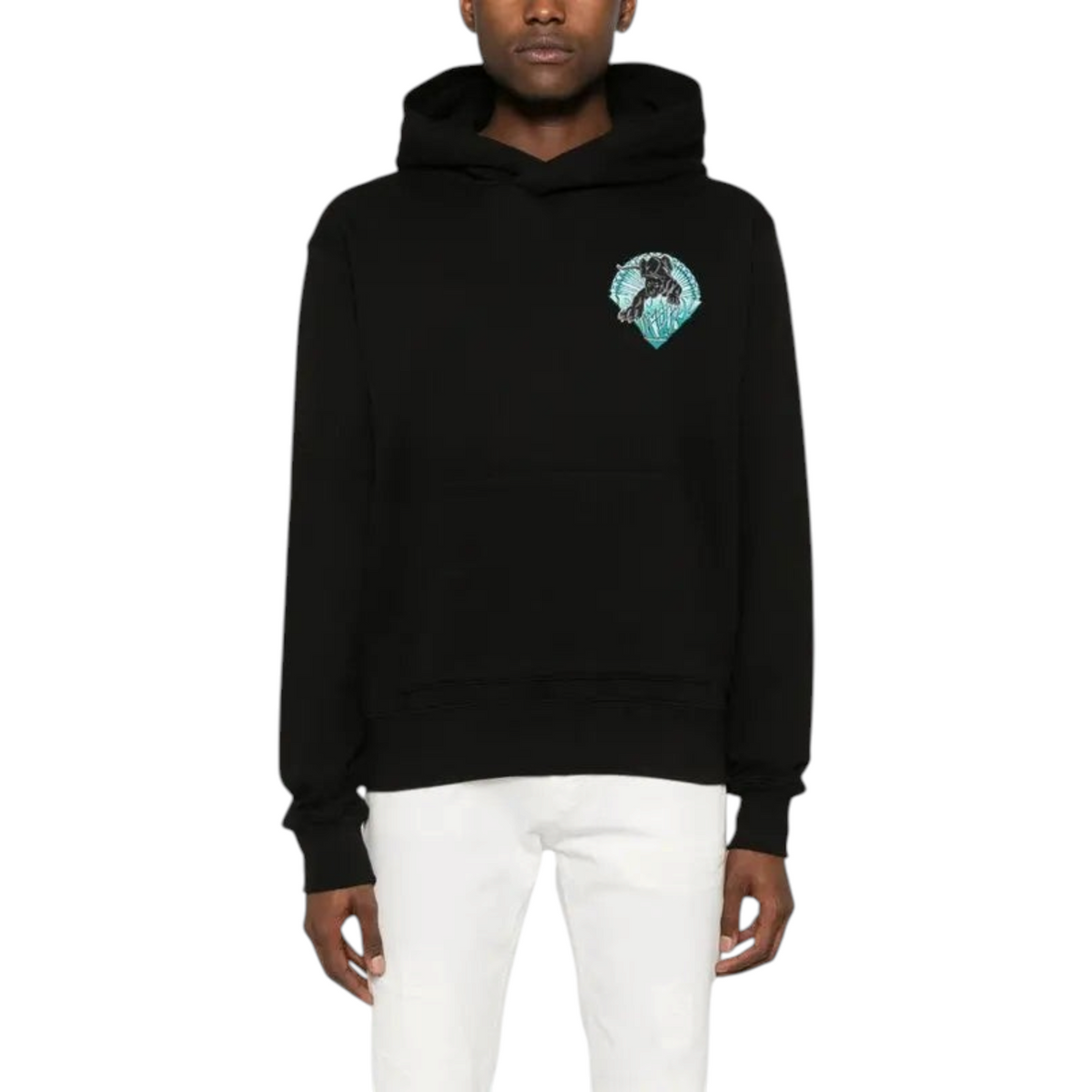 FLEX SHOP Amiri black hoodie featuring a small panther graphic on the chest, worn by a model with white trousers.