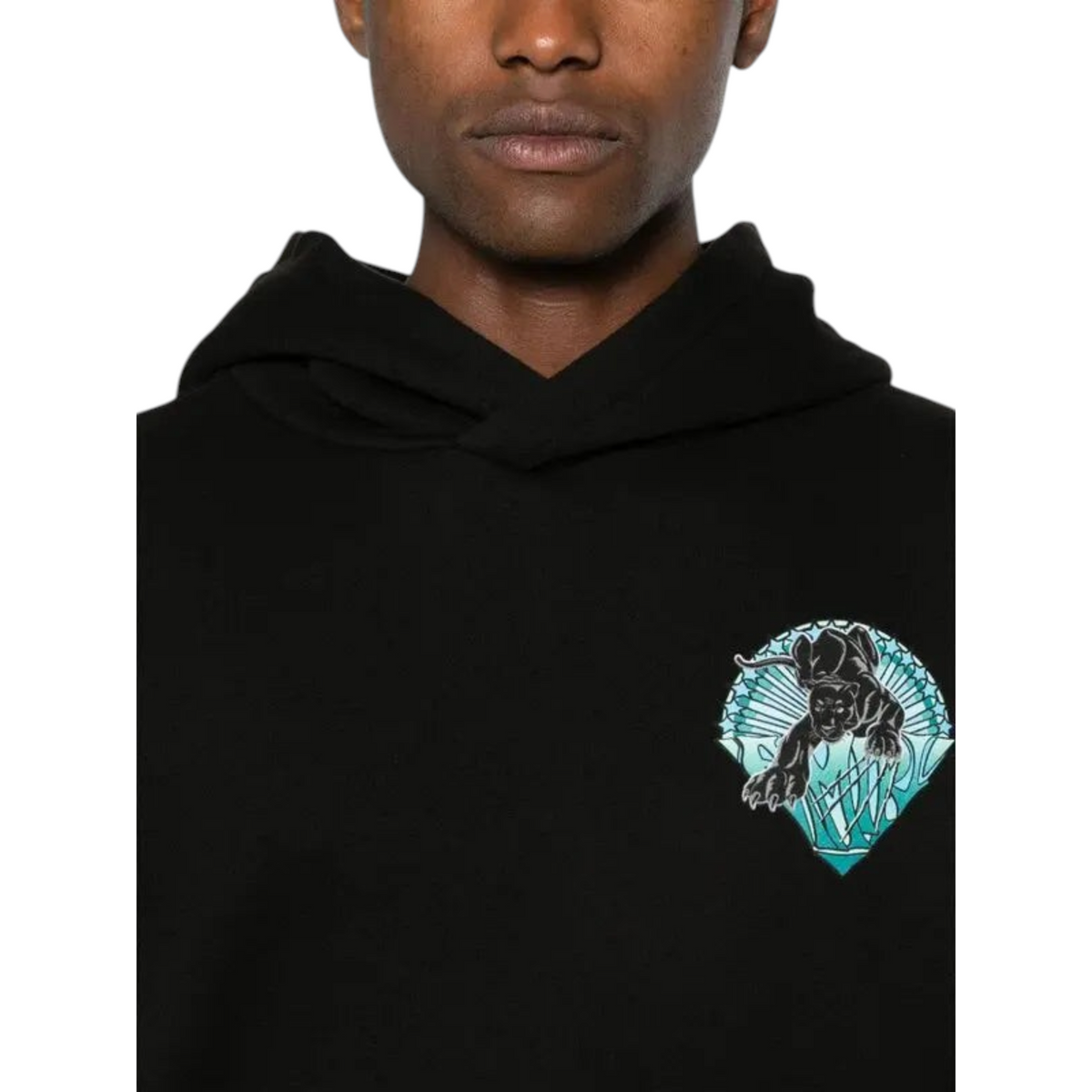FLEX SHOP black Amiri hoodie featuring a detailed panther graphic on the chest for a premium streetwear look.