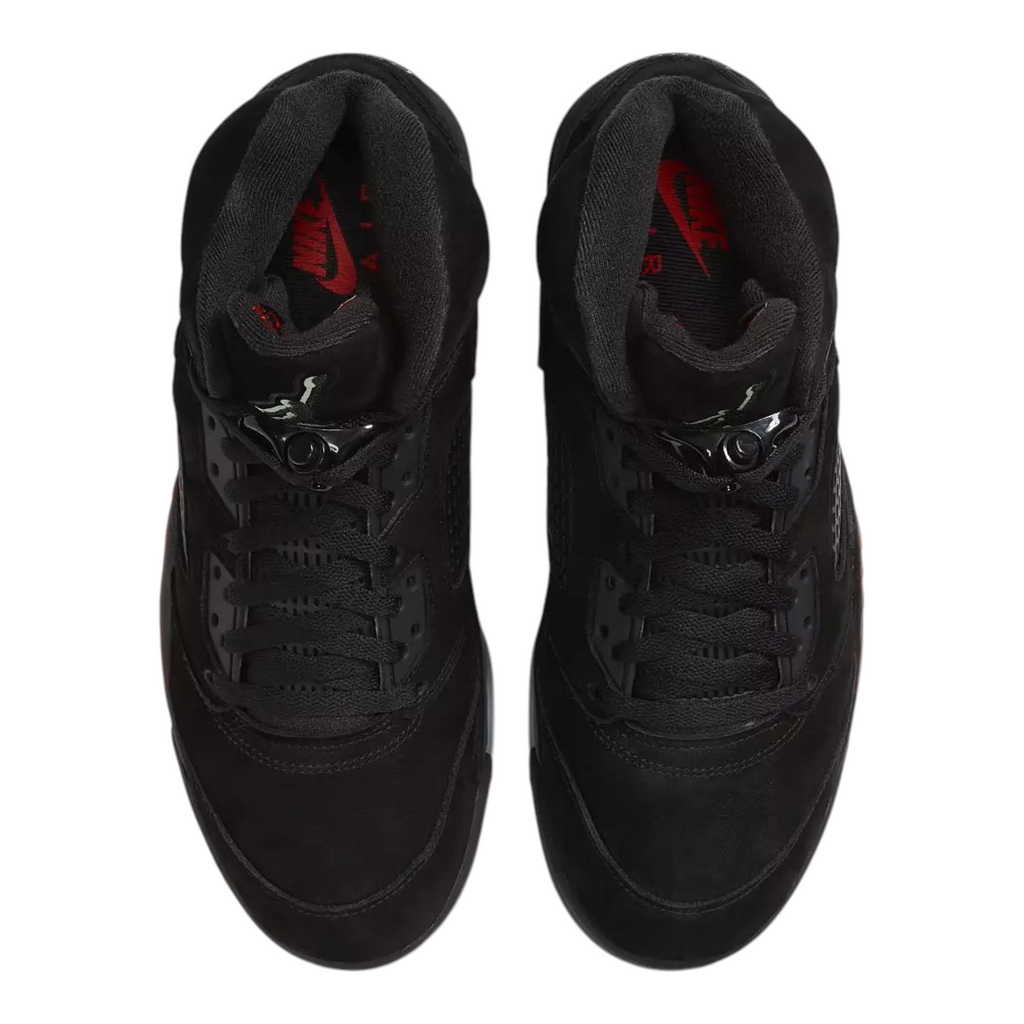 FLEX SHOP Air Jordan 5 Halloween sneakers in black nubuck with red accents and glow-in-the-dark details, top view
