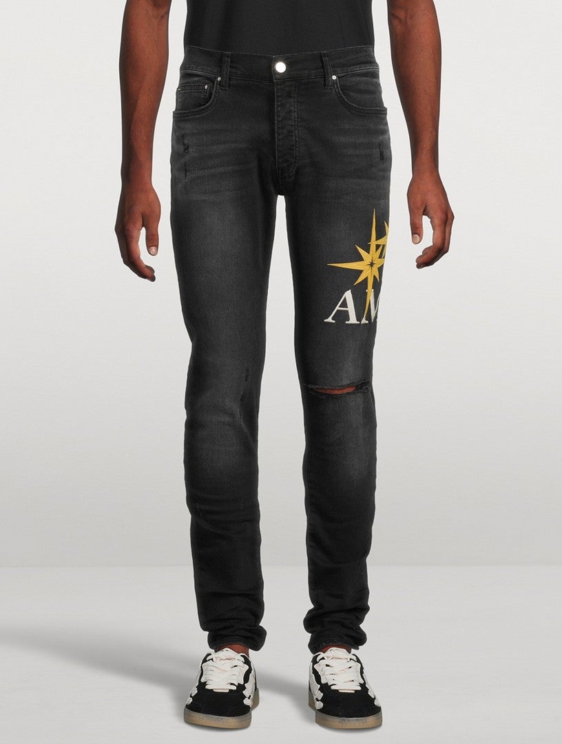 Amiri Jeans Vintage Black Starburst Appliqué Yellow