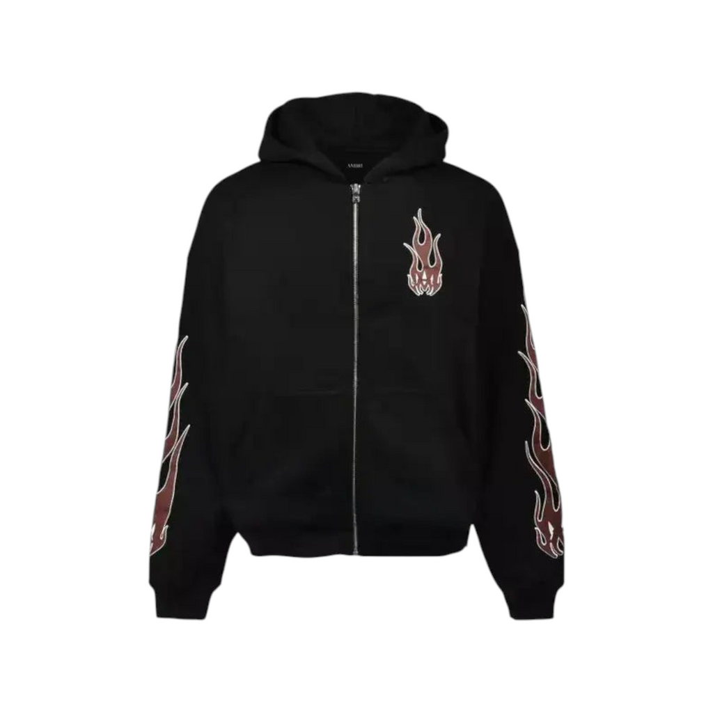 FLEX SHOP Amiri black zip-up hoodie featuring red and white flame graphics on the chest and sleeves.