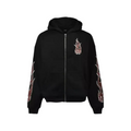 FLEX SHOP Amiri black zip-up hoodie featuring red and white flame graphics on the chest and sleeves.