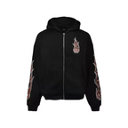 FLEX SHOP Amiri black zip-up hoodie featuring red and white flame graphics on the chest and sleeves.