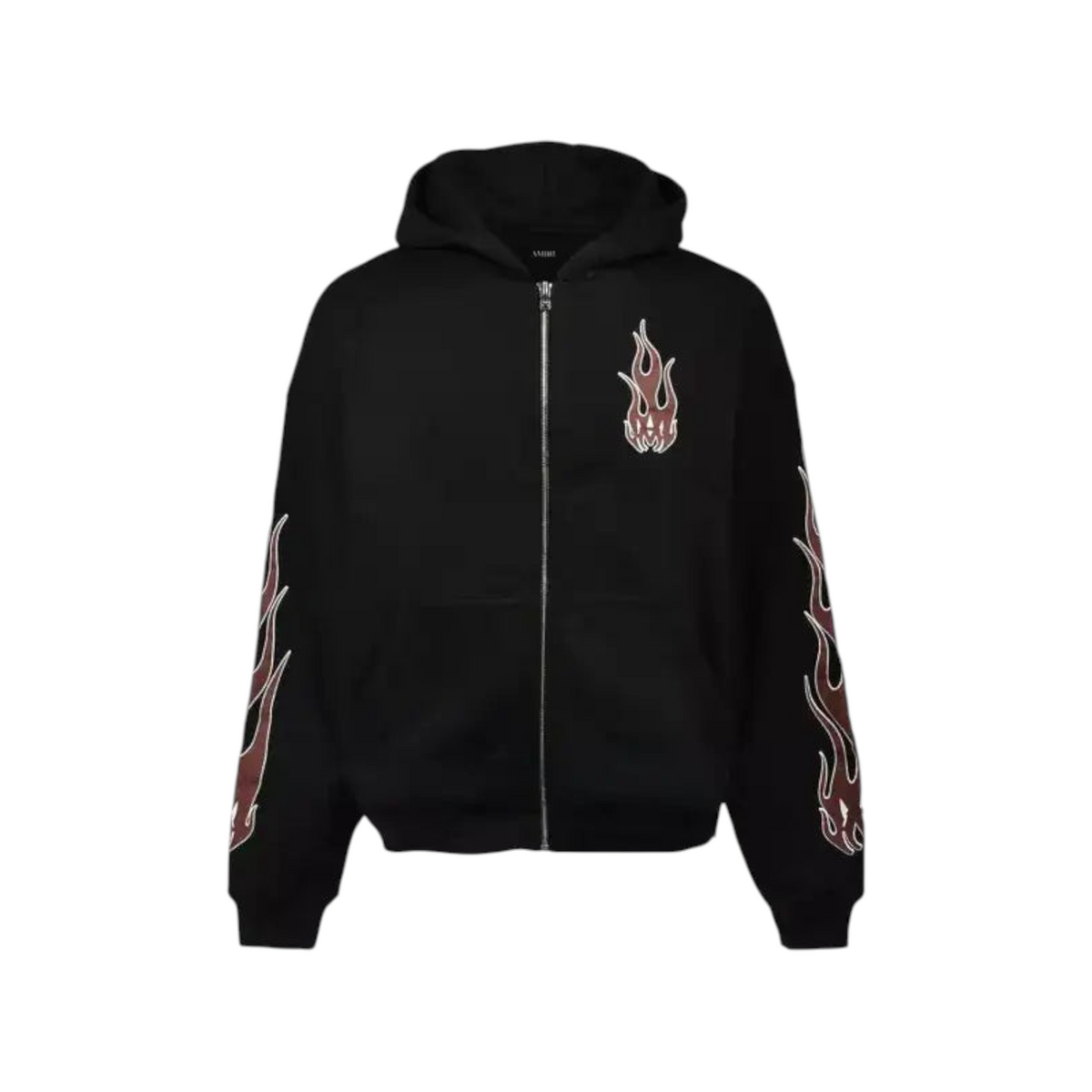 FLEX SHOP Amiri black zip-up hoodie featuring red and white flame graphics on the chest and sleeves.