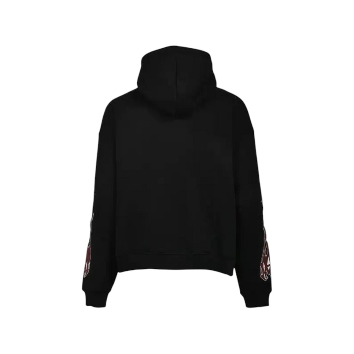 FLEX SHOP Amiri black zip-up hoodie featuring red flame graphics on the sleeves and a hood, back view.