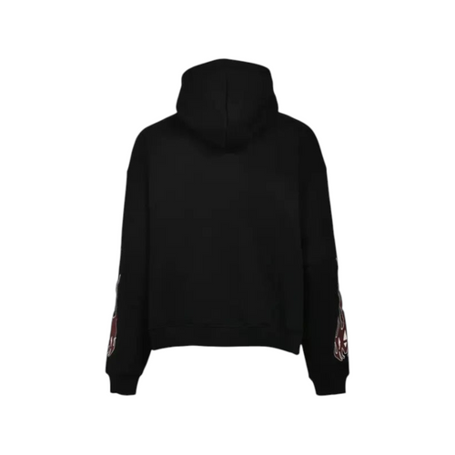 FLEX SHOP Amiri black zip-up hoodie featuring red flame graphics on the sleeves and a hood, back view.