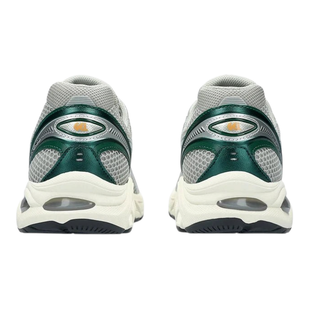 FLEX SHOP ASICS GT-2160 sneakers in seal grey and jewel green mesh with rear view showing Gel cushioning technology
