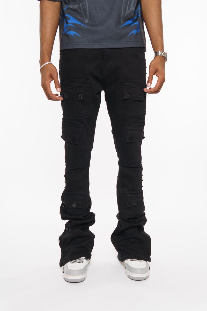 VICIOUS JEANS BLACK STUDDED WARRIOR CARGO FLARE FIT VC671R