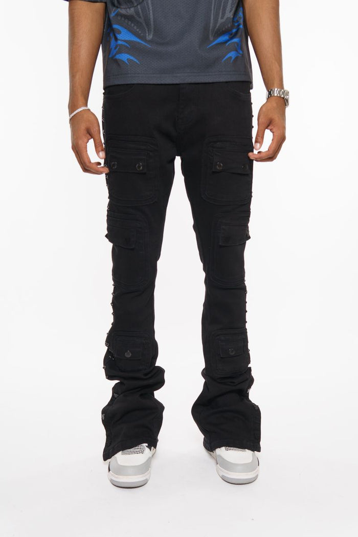 VICIOUS JEANS BLACK STUDDED WARRIOR CARGO FLARE FIT VC671R
