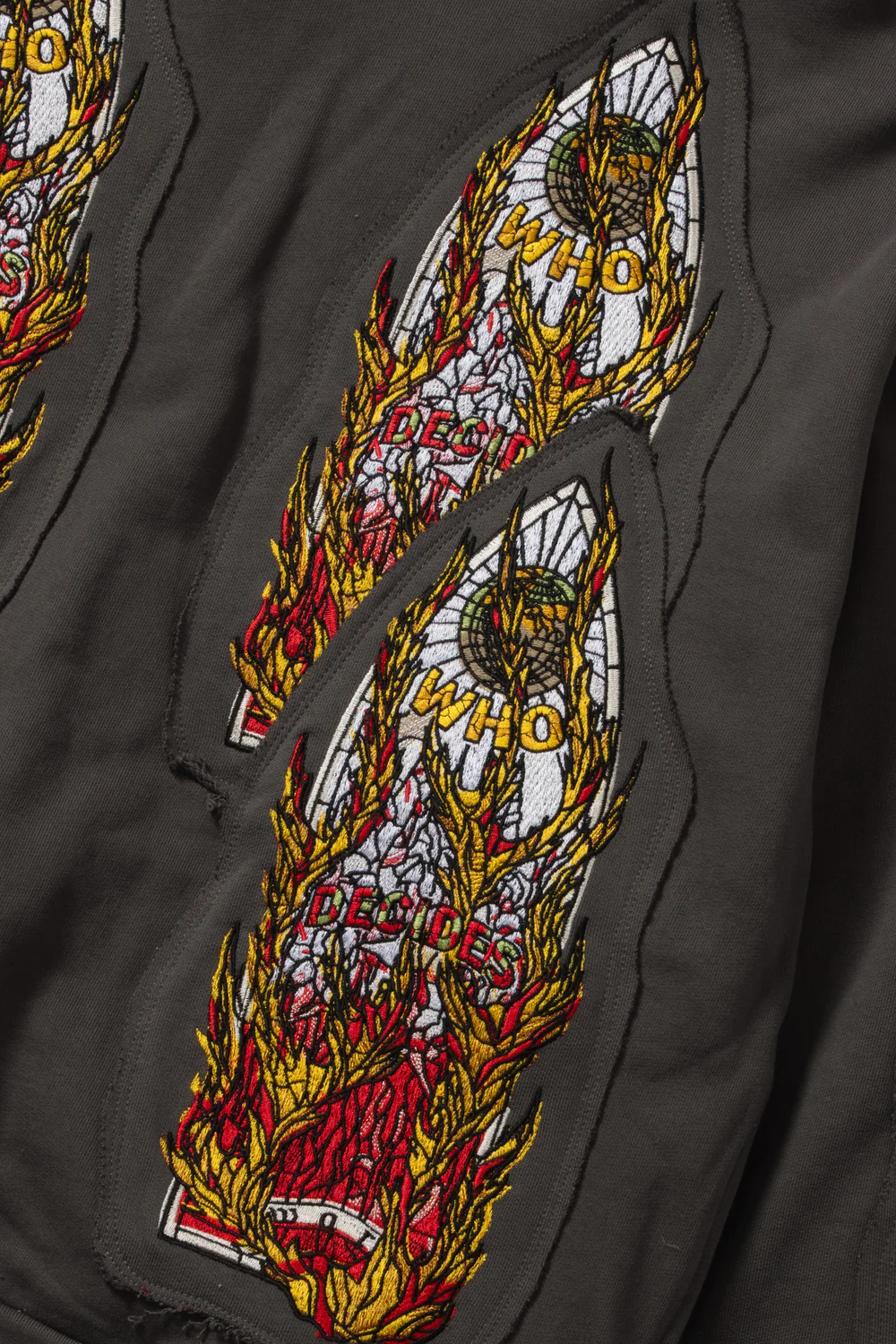Who Decides War Hoodie Grey FLAME GLASS EMBROIDERED