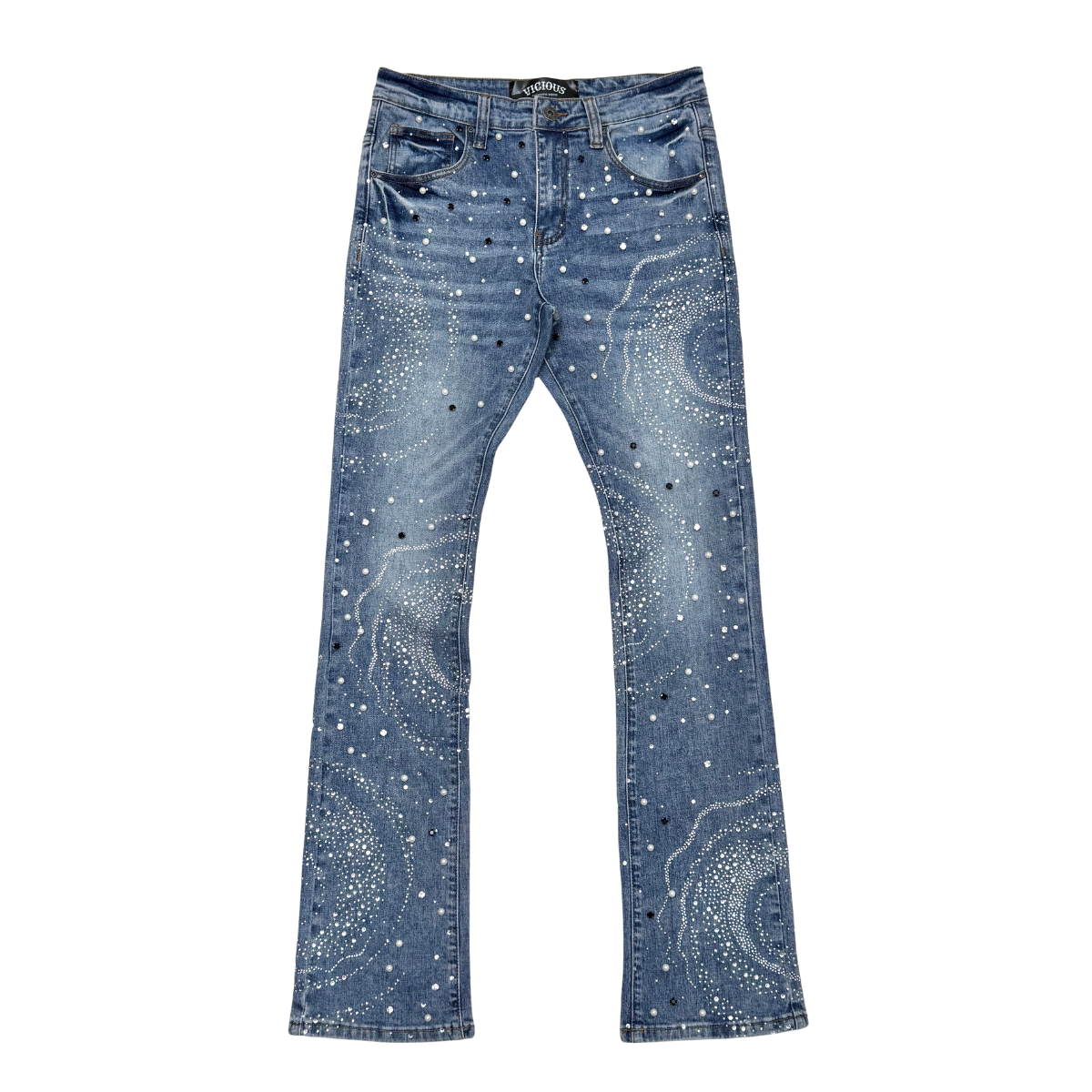 VICIOUS JEANS Dark Blue EMBELLISHED RHINESTONE PEARL FLARE VC1004