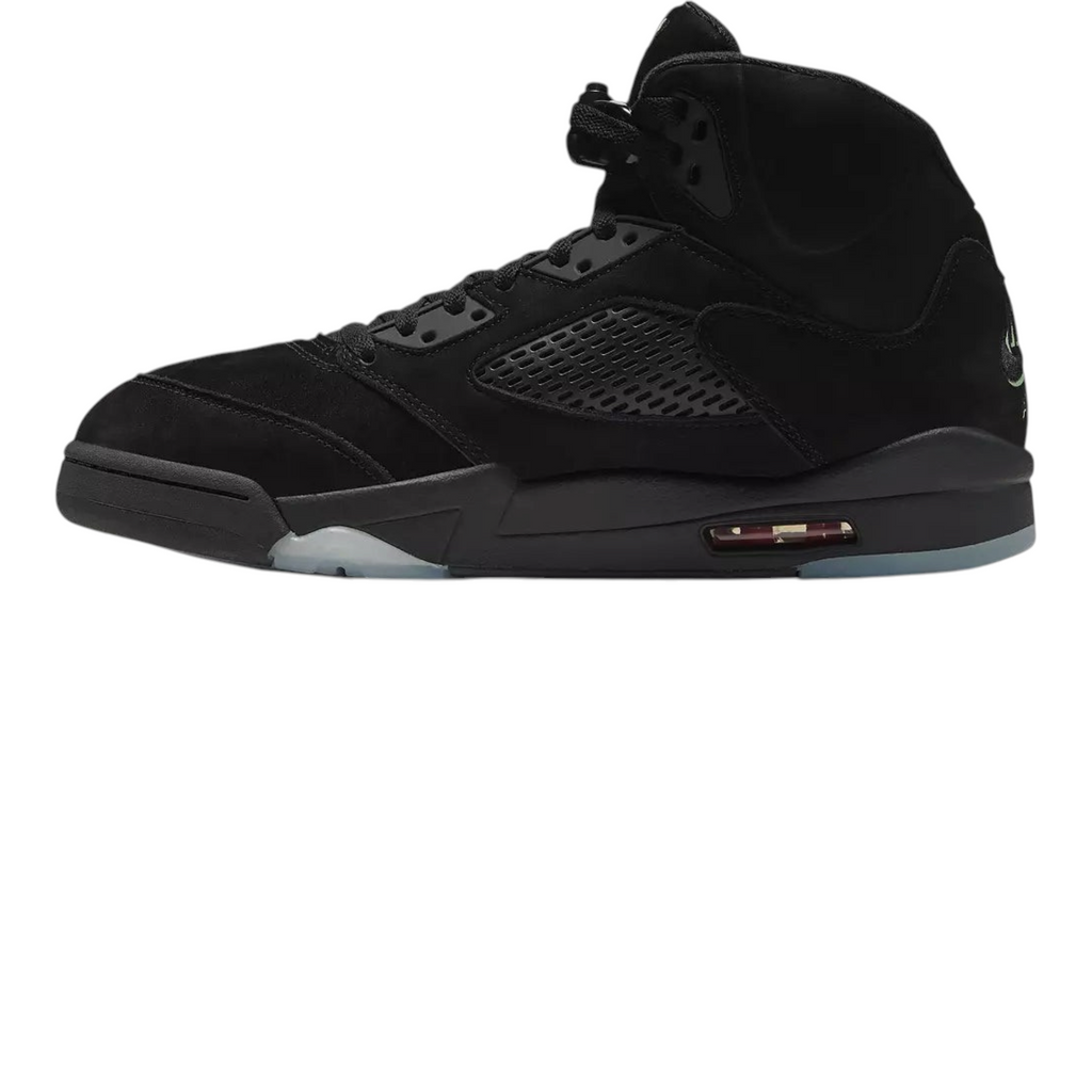 FLEX SHOP Air Jordan 5 Halloween sneakers in black nubuck with Picante Red accents and glow-in-the-dark details.