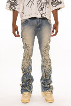 VICIOUS JEANS Light Blue STUDDED RIPPED FLARED DENIM W/ SIDE ZIPPER VC727