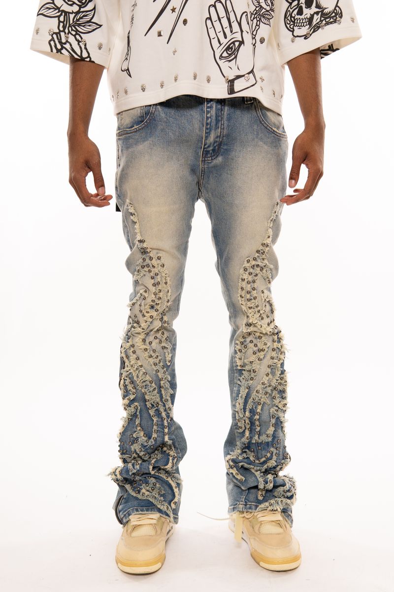 VICIOUS JEANS Light Blue STUDDED RIPPED FLARED DENIM W/ SIDE ZIPPER VC727
