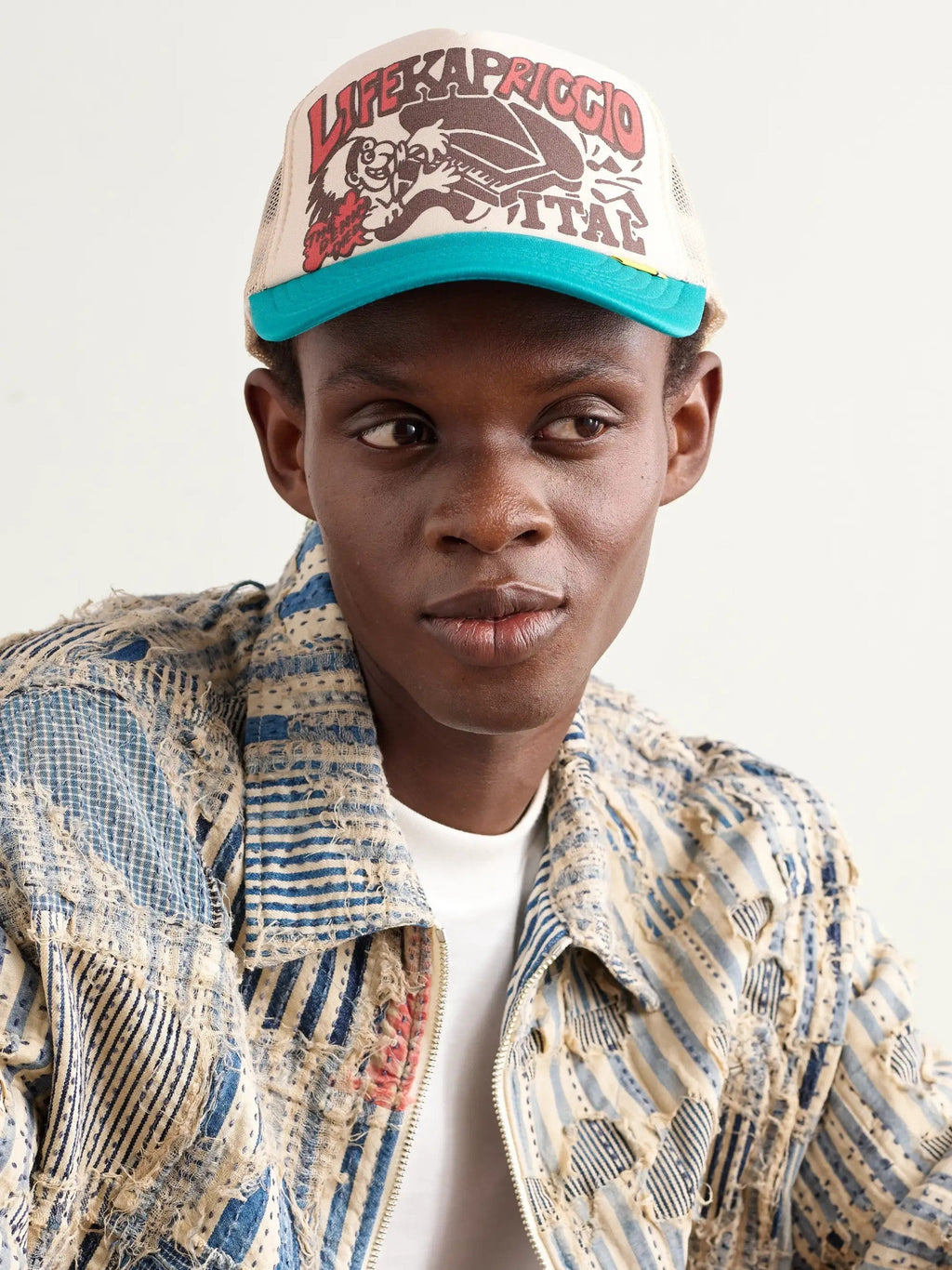 KAPITAL Cream Blue Hat Life Kapriccio Mesh-Trimmed Printed Scuba