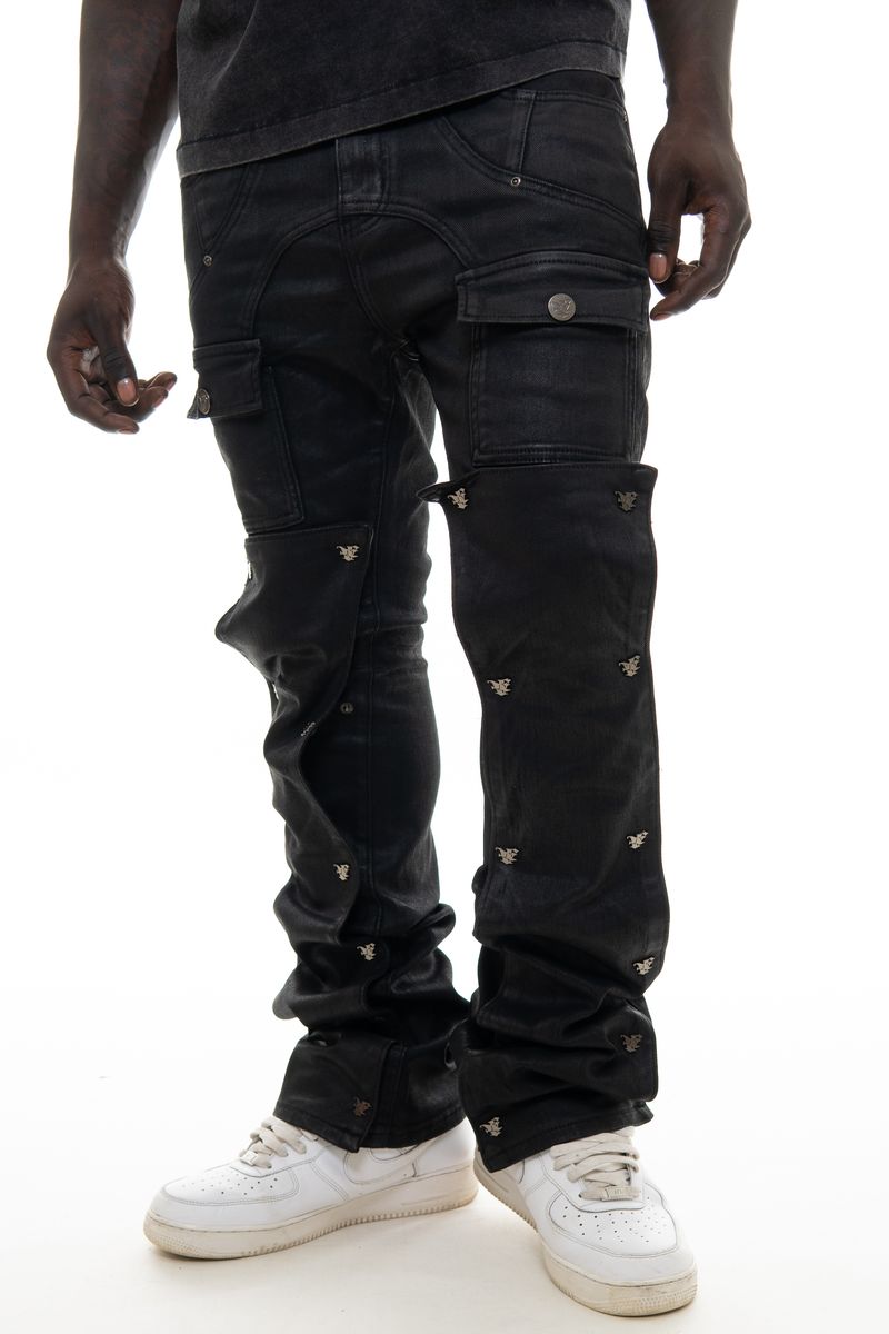 VICIOUS JEANS BLACK WAX COATED FLARE DETACHABLE BUTTONS VC681R
