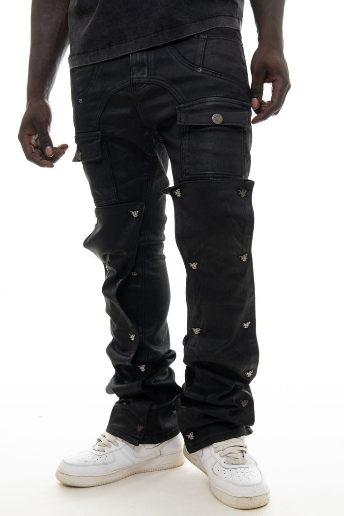 VICIOUS JEANS BLACK WAX COATED FLARE DETACHABLE BUTTONS VC681R