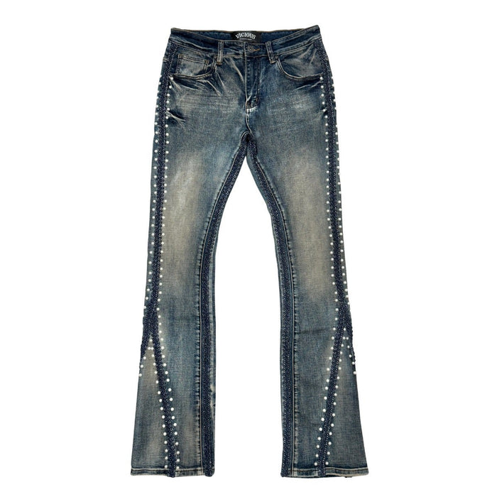 VICIOUS JEANS DARK BLUE SIDE PEARLS FLARE VC1072 MUD