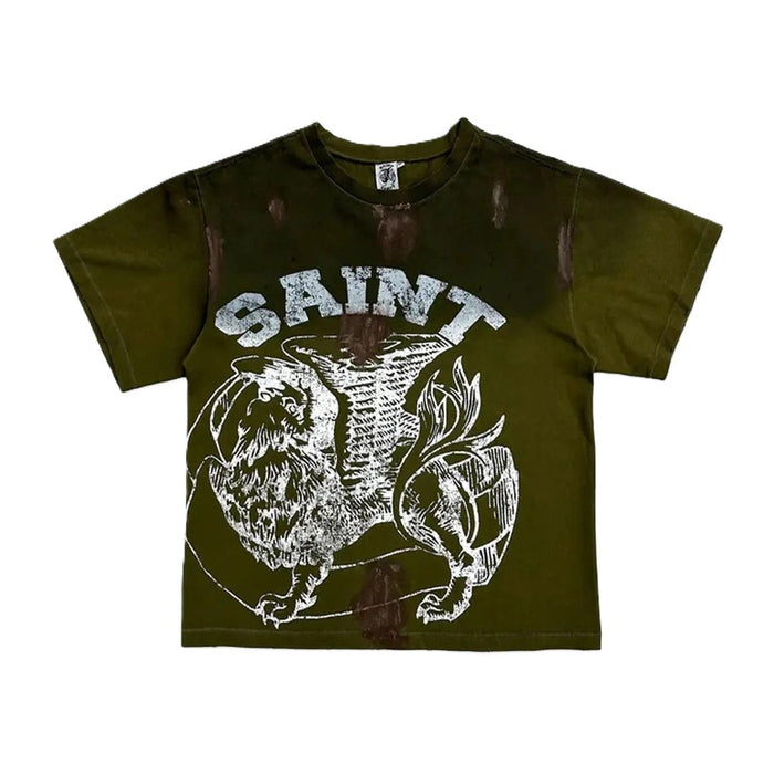 Saint Vanity Griffin Tee Green Distressed Dirty Washed