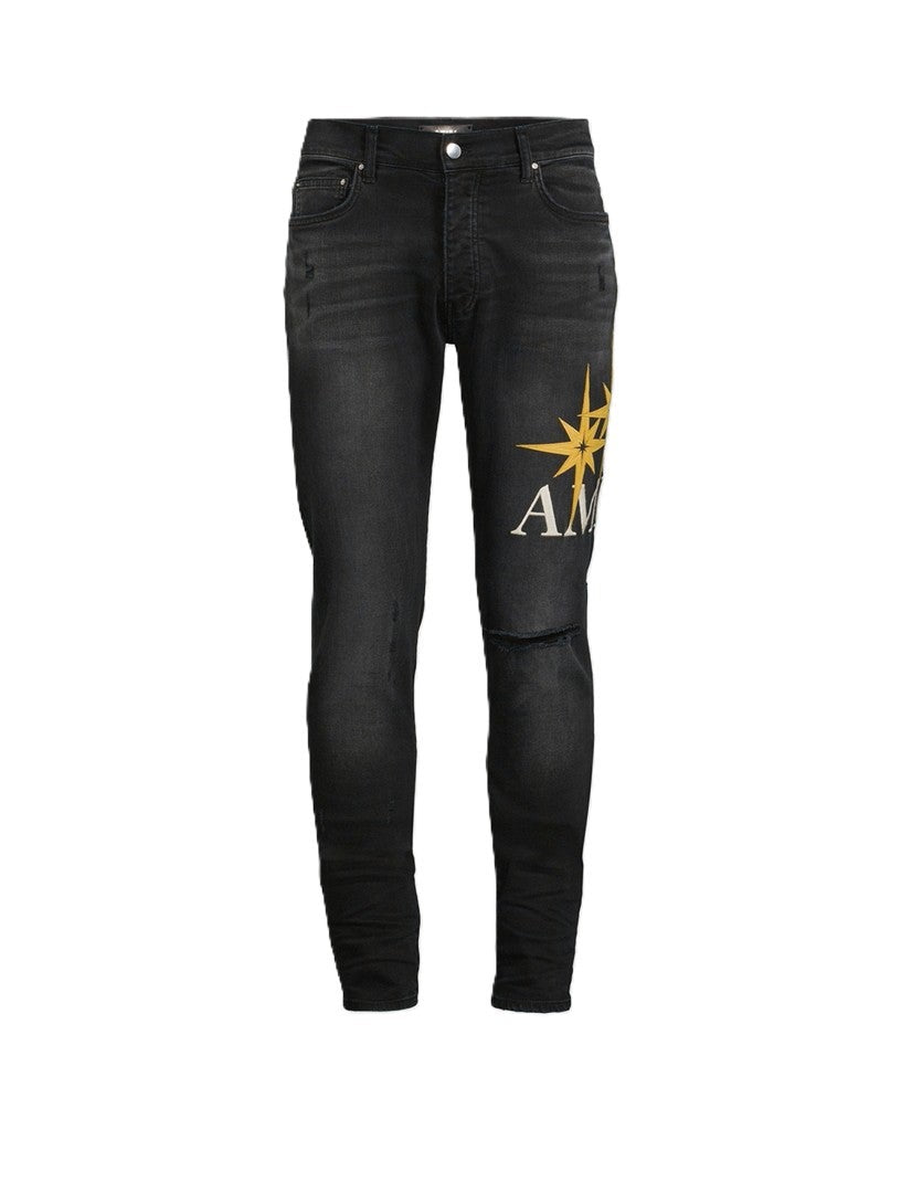 Amiri Jeans Vintage Black Starburst Appliqué Yellow