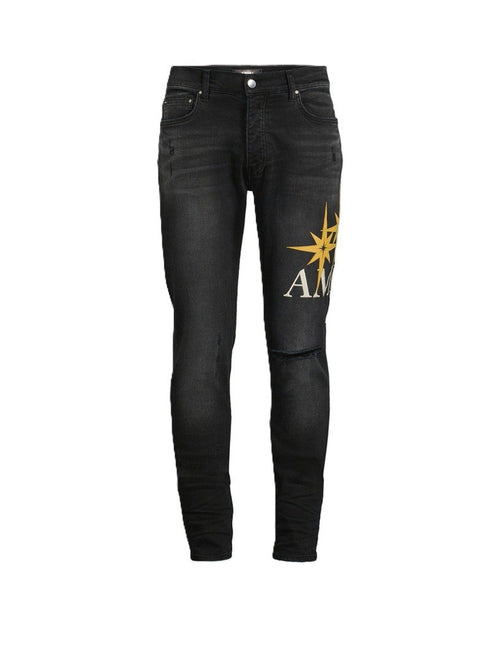 Amiri Jeans Vintage Black Starburst Appliqué Yellow