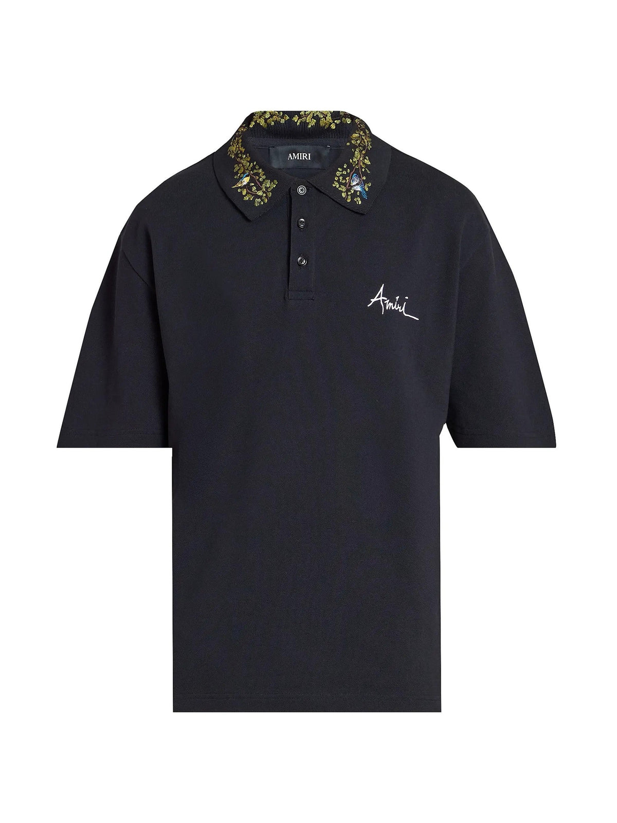 Amiri Embroidered Black Floral Collar Polo Shirt