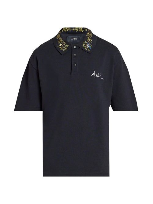 Amiri Embroidered Black Floral Collar Polo Shirt