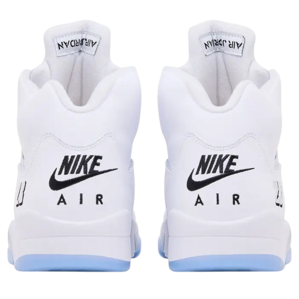 FLEX SHOP Air Jordan 5 Retro White Metallic sneakers showing the back view with black Nike Air branding